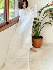 White Kota Cotton Dupatta with Thread Embroidery