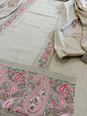 Cream Winter Suit Set with Aari Work in Pashmina Wool