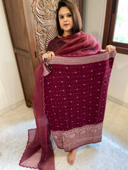 Maroon Handwoven Kadwa Banarasi with Hand Bandhani Suit Set in Pure Silk