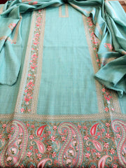 Turquoise Winter Suit Set with Aari Work in Pashmina Wool