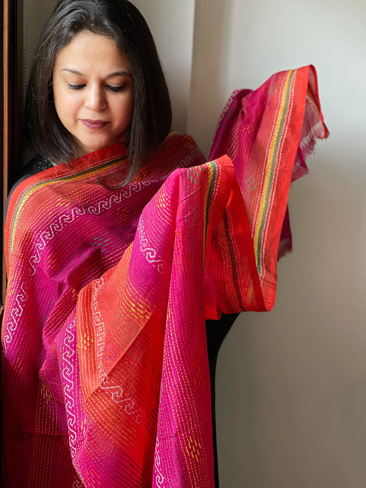 Orange, Pink Handmade Kantha Dupatta in Silk