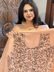 Dark Peach Suit Set with Kantha Handwork in Pure Tussar Silk