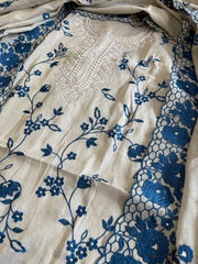 Gold, Blue Suit Set with Thread Embroidery and Pitta Work in Tissue Chanderi