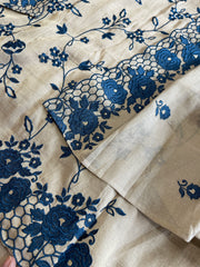 Gold, Blue Suit Set with Thread Embroidery and Pitta Work in Tissue Chanderi