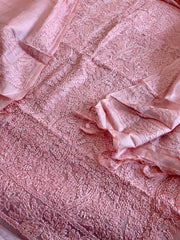 Peachish pink Suit Set with Lucknowi Handwork in Pure Tussar Silk