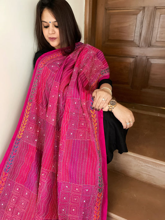 Pink Handmade Kantha Dupatta in Silk