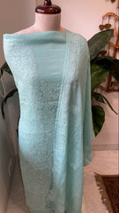 Aqua Blue Suit Set with Lucknowi Handwork in Pure Tussar Silk