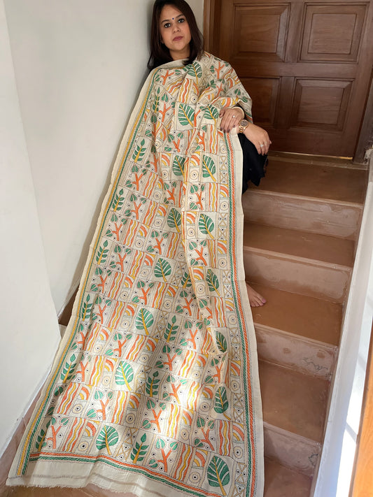Off-White Handmade Kantha Dupatta in Silk