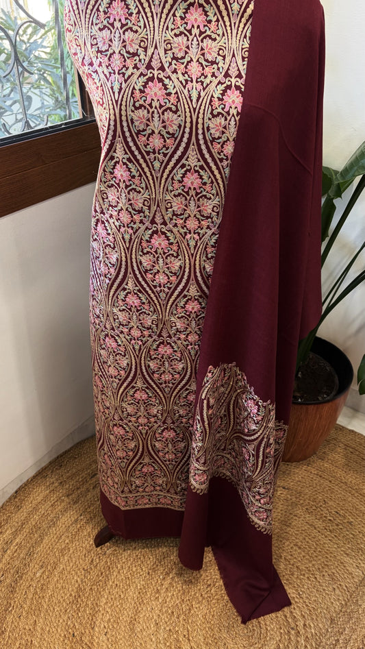 Wine Winter Suit Set with Aari Work in Pashmina Wool
