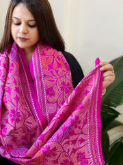 Hot Pink Handmade Reverse Nakshi Kantha Stole in Pure Silk