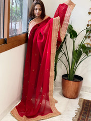 Red Chiffon Georgette Dupatta with Sequin Buta and Heavy Embroidered Border