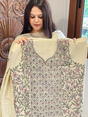 Dusty Green Suit Set with Kantha Handwork in Pure Tussar Silk