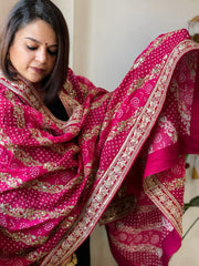 Pink Printed Bandhej Dupatta in Chinon with Gold Thread and Sequin Work