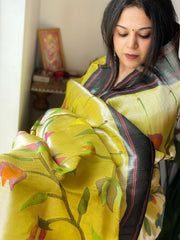 Yellowish Gold Handwoven Zari Jaal Paithani Dupatta in Pure Silk