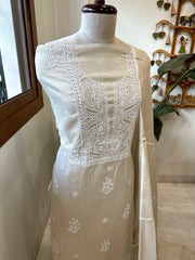 Gold Suit Set with Lucknowi Handwork in Tissue Chanderi