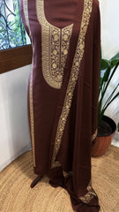 Chocolate Brown Winter Suit Set with Aari Work in Pashmina Wool