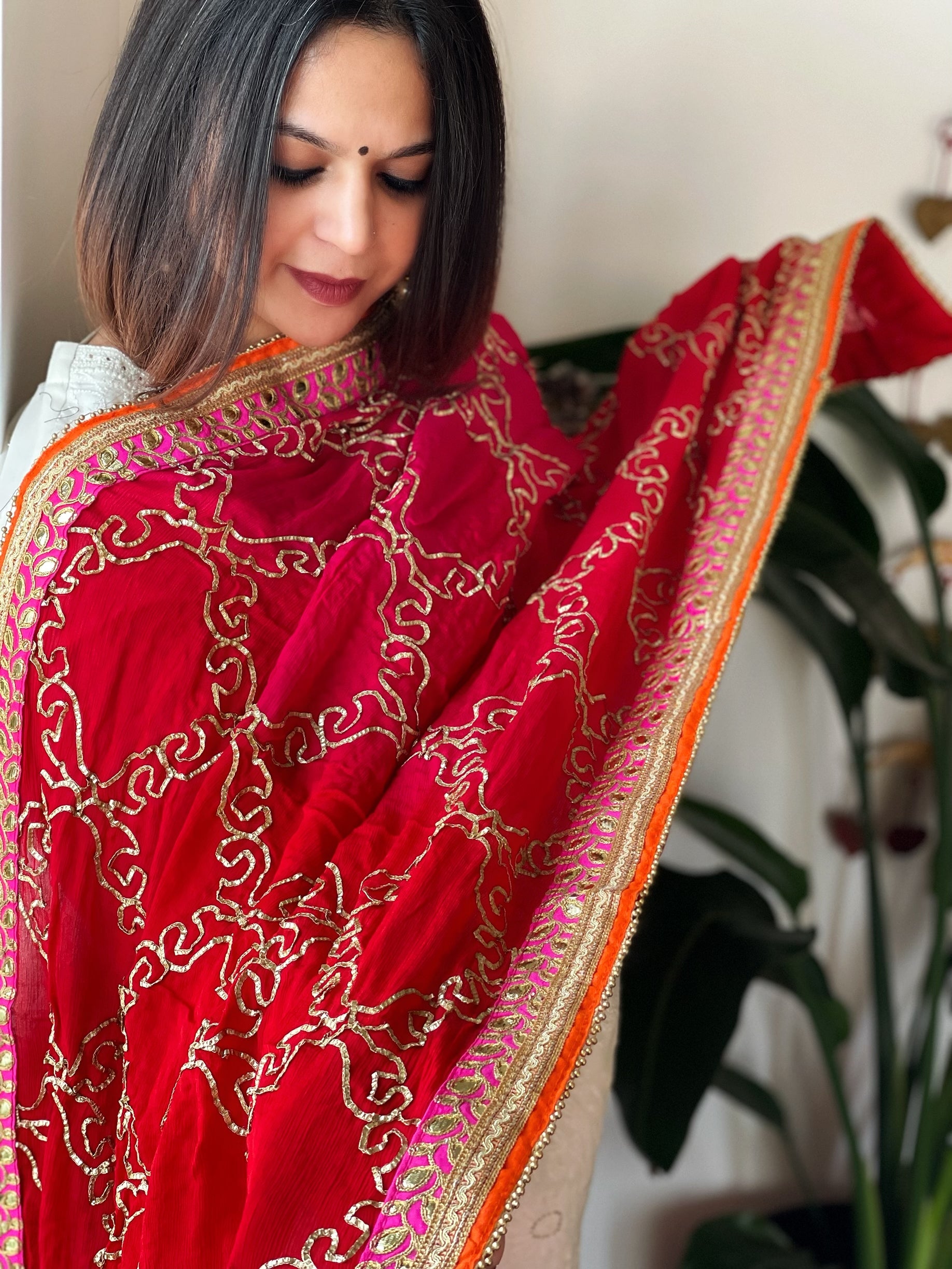 Pink & Red Chinon Dupatta with Gota Lace Work