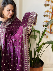 Purple Crepe Dupatta with Mirror and Cut Daana Work with Gota Lace Border