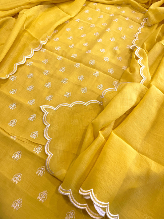 Yellow Suit Set with Gold Thread & Sequin Work in Pure Mul
