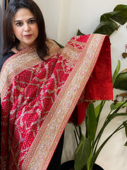Red Handwoven NeemZari Bareek Bandhani with Meenakari and Dabka Handwork in Pure Georgette