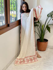 Ivory Rai Bandhej Dupatta with Lucknowi Handwork in Pure Gajji Silk