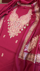 Hot Pink Winter Suit Set with Aari Work in Pashmina Wool