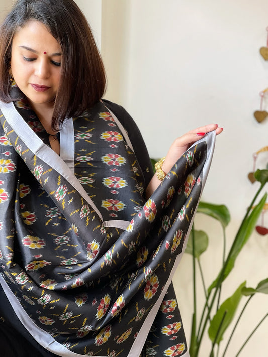 Black Woven Ikat Stoles in Pure Silk