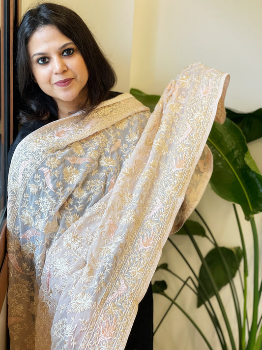 Lite Pink Parsi Gara Embroidery Dupatta in Georgette