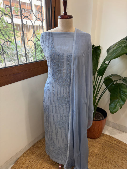 Powder Blue Suit Set with Lucknowi Handwork in Pure Mul Cotton