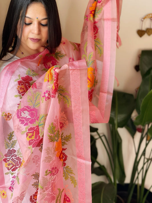 Dark Pink Organza Dupatta with cross-stitch embroidery