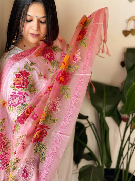 Dark Pink Organza Dupatta with cross-stitch embroidery