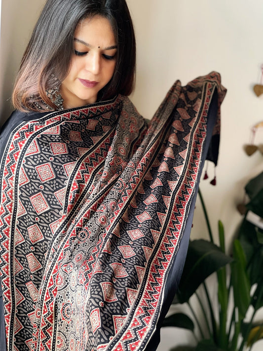 Designer Handblock Ajrakh Dupatta on Silk