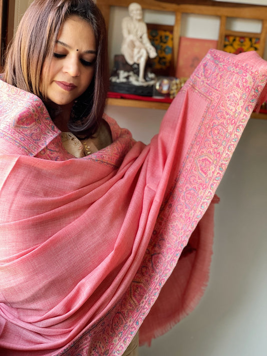 Pink Woven Pashmina Shawl with Kaani Zari Border