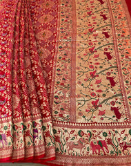 Red Handmade Bandhani Saree with Krishna Motif & Meenakari in Pure Georgette