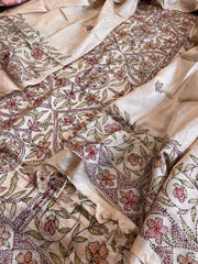 Lite Pinkish Brown Suit Set with Kantha Handwork in Pure Tussar Silk