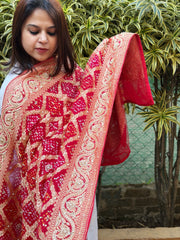 Handwoven Bareek Bandhani dupatta with Dabka Handwork in Pure Gajji silk