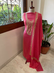 Candy Floss Pink Winter Suit Set with Aari Work in Pashmina Wool