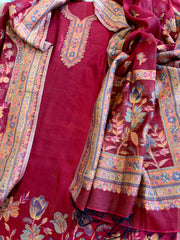 Maroon Suit Set with Handwoven Kaani and Zari in Pure Silk