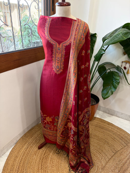 Maroon Suit Set with Handwoven Kaani and Zari in Pure Silk