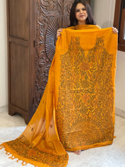 Orangish Yellow Suit Set with Kantha Handwork in Pure Tussar Silk