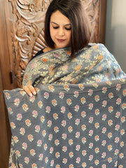 Grey Woven Suit Set with Zari and Meenakari in Weaving in Pure Moonga Silk