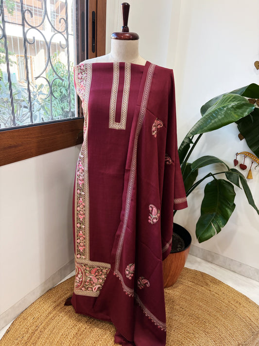 Wine Winter Suit Set with Aari Work in Pashmina Wool