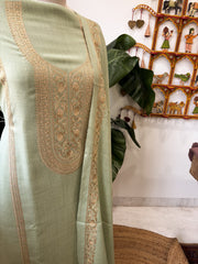 Sea Green Winter Suit Set with Aari Work in Pashmina Wool