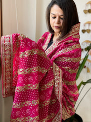 Pink Printed Bandhej Dupatta in Chinon with Gold Thread and Sequin Work