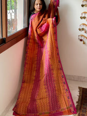 Mustard, Pink Handmade Kantha Dupatta in Silk
