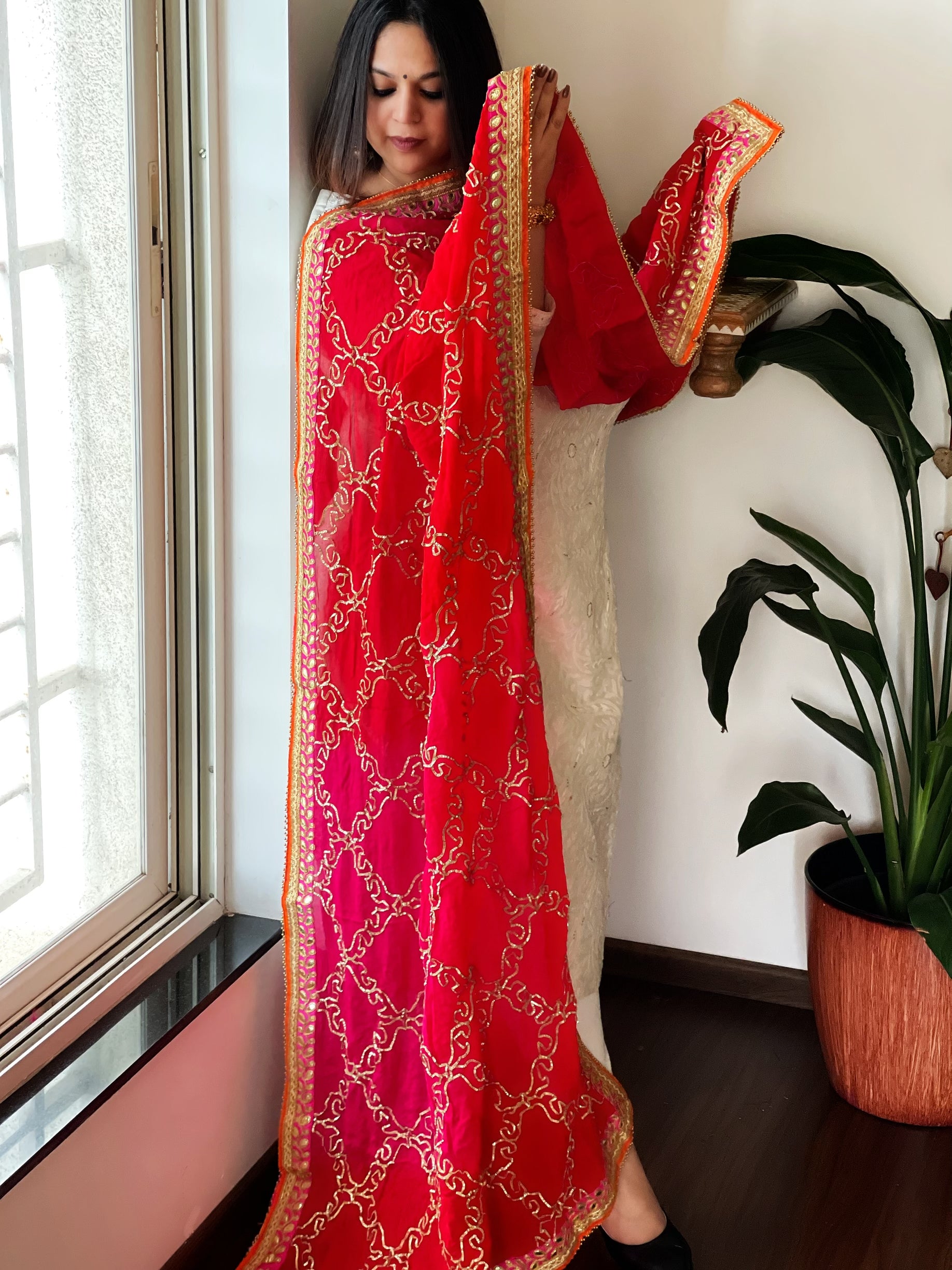 Pink & Red Chinon Dupatta with Gota Lace Work