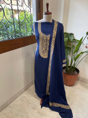 Navy Winter Suit Set with Aari Work in Pashmina Wool