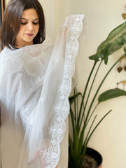 White Kota Cotton Dupatta with Thread Embroidery
