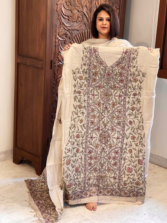 Lite Pinkish Brown Suit Set with Kantha Handwork in Pure Tussar Silk