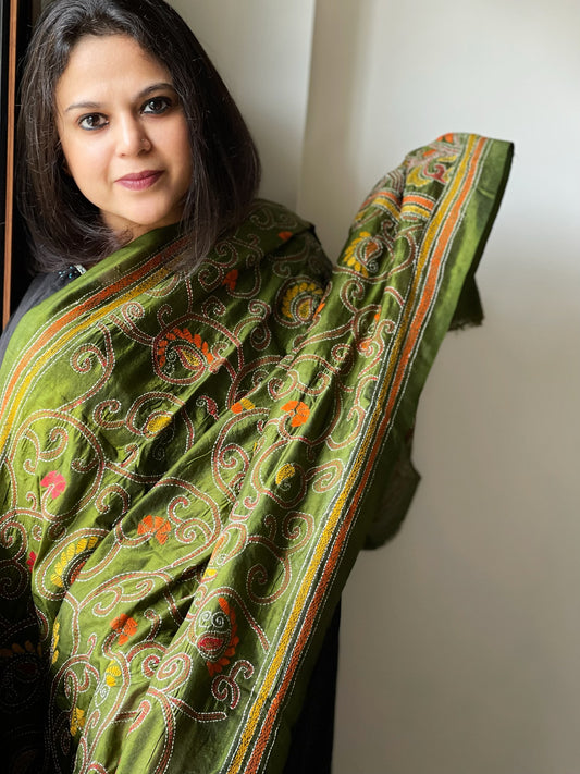 Green Handmade Kantha Dupatta in Silk